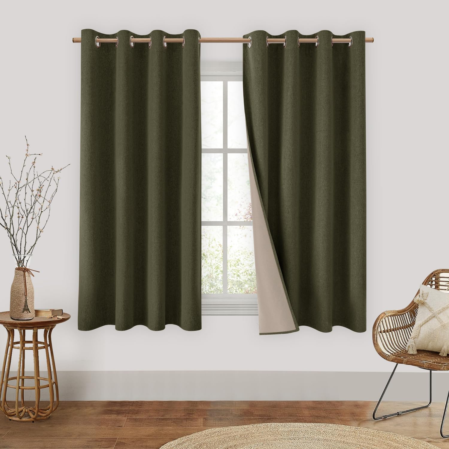 Homeideas Olive Green 100% Blackout Curtains, 2 Panels Faux Linen Curtains Room Darkening Curtains 52 X 63 Inches Thermal Insula